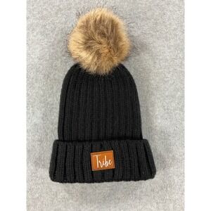Tribe Black Ribbed Knit Beanie Hat with Faux Fur Pom Pom and Leather Patch